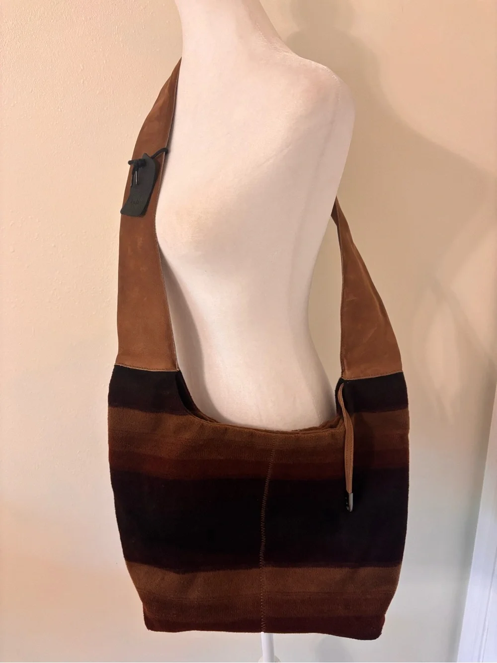 Arche France Brown Leather Wool Hobo Satchel Purse Striped Modern Bohemian $429